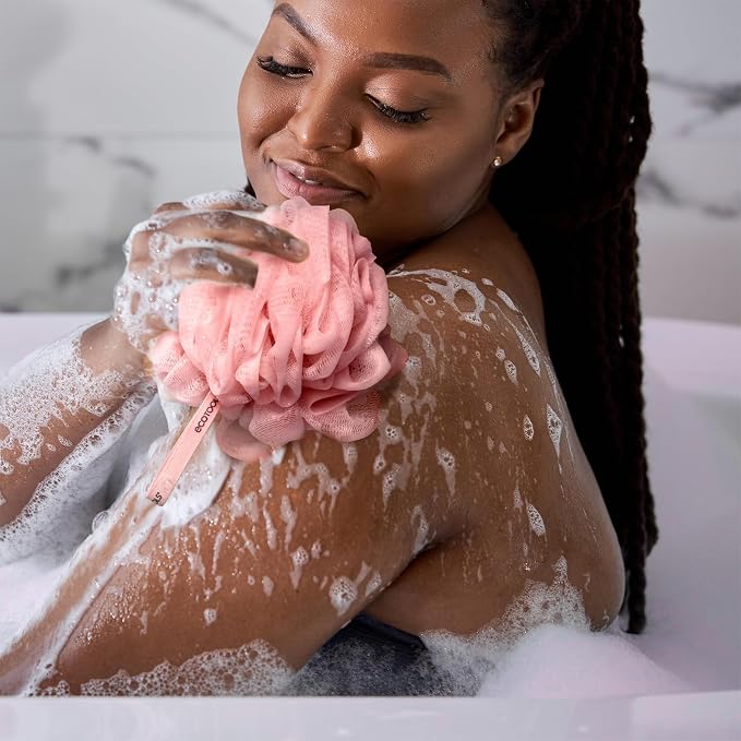 EcoTools Dry Body Brush for Circulation, Dead Skin Removal + Pink Delicate EcoPouf Made with Recycled Netting for Cleansing & Exfoliating Sensitive Skin, Self-Care Gifts