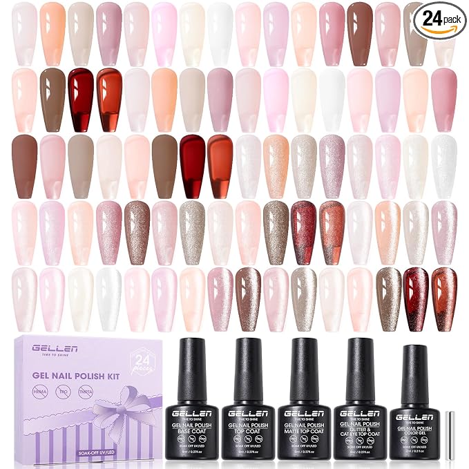 GELLEN Nude Gel Nail Polish Set, 24PCS With 20 Colors And 4 Coats | HEMA-Free, TMPTA-Free And TPO-Free UV Gel Set With Base, Glossy, Matte And Cat Eye Top Coats For DIY Home Manicures