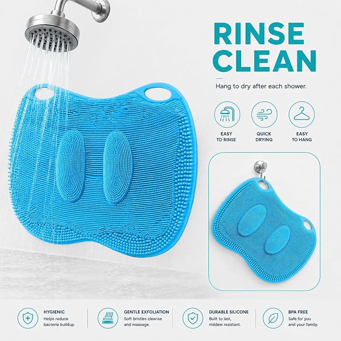 XL Silicone Shower Foot Scrubber Mat with Suction Cups, Foot Washer for Shower, Foot and Back Scrubber for Smooth Shower Wall or Floor, Blue, 17.32 x 12.99 in