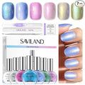 SAVILAND Quick-Dry Aurora Nail Polish Kit: 6+1 Colors Nail Polish Set with 3-in-1 Base Top Coat Cuticle Oil Pearl Glitter Pink Blue Green 12-Free Fingernail Polish Home DIY for Women Gift
