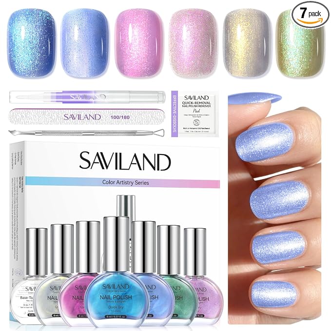 SAVILAND Quick-Dry Aurora Nail Polish Kit: 6+1 Colors Nail Polish Set with 3-in-1 Base Top Coat Cuticle Oil Pearl Glitter Pink Blue Green 12-Free Fingernail Polish Home DIY for Women Gift