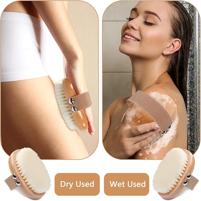 OWIIZI Dry Brushing Body Brush Wooden Body Scrubber Exfoliator | Deep Cleanse,Antiskid,Soft Nylon Bristles,Wet or Dry Brushing,Bath Scrub Brush for Cellulite Reduction,Lymphatic Drainage