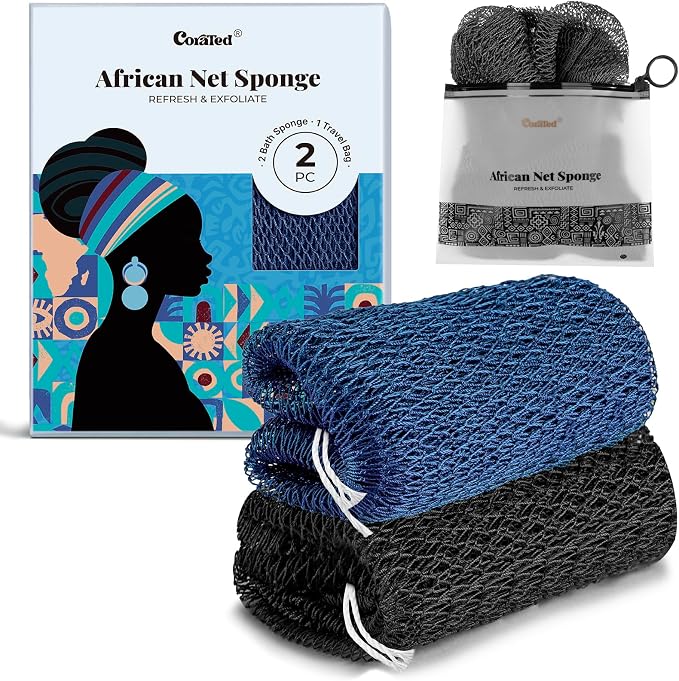 CORATED African Net Sponge Authentic, Shower Loofah Exfoliating Bath Sponge | Body Scrubber for Women and Men Daily Use Body Care, Travel Portable Bath Accessories for Bathroom (Blue & Black)