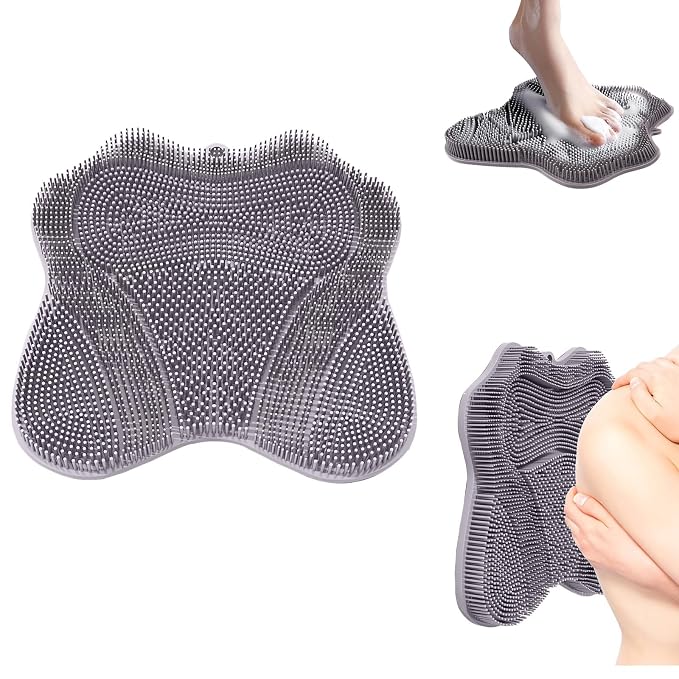 Foot Scrubber in Shower, Shower Foot Scrubber Mat,Silicone Body Scrubber,Back Scrubber with Suction Cups,Shower Body Deep Cleaning Foot Brush Exfoliating Massage Cleaner(Grey)