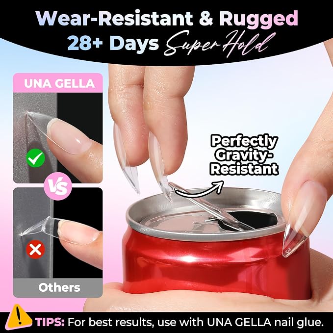 UNA GELLA Stiletto Gel Nail Tips Medium 15 Sizes Pre-Etched Clear Tips | 300PCS Easy DIY Salon Stiletto Almond Press On Nails Snug Fit Full False Fake Nail Extensions Long-Lasting Hold