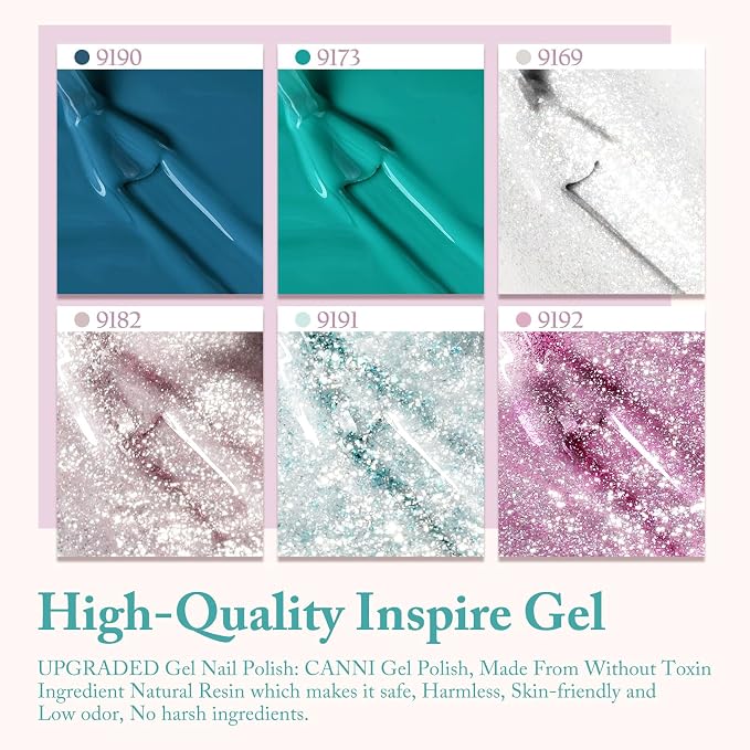 CANNI 9ML Shimmer Gel Nail Polish Set, 6 Glitter Shades UV LED Soak Off | Smooth Application • Highly Pigmented • Glossy Finish • Long-Lasting Wear • Nail Art • Salon DIY Manicure • Easy Application