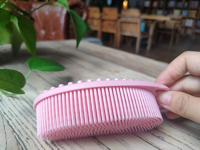 Premium Sensory Brush for Kids or Autism,Soft Silicone Body Scrubber,2 in 1 Sensory Room Occupational Therapy Brushes,Silicone Loofah,Pet Shower Brush Bath Brush Shampoo Brush(hangable-Oval-Pink)