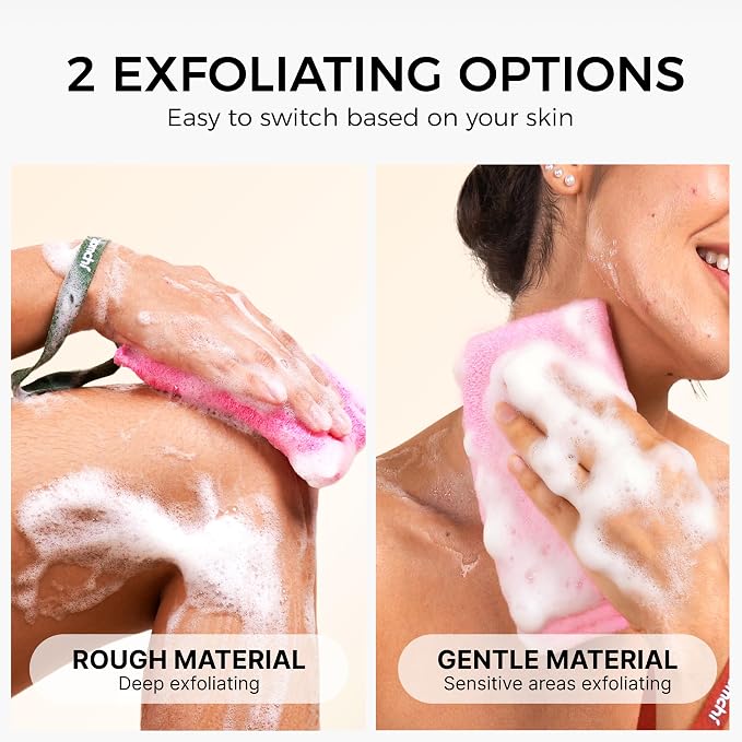 ZOMCHI Body Scrubber, Exfoliating Sponge with Different Levels, Body Exfoliator for Removing Dead Skin, Gentle & Deep Scrub for Women & Men (2-Pack, Pink)