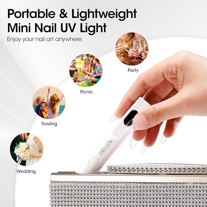 Gellen UV Light for Gel Nails, Mini Cordless UV Nail Lamp with Stand | Rechargeable Mini UV Lamp with Lcd, 30s/60s/99s Timers & 180° Stand for Handheld or Hands-Free Gel Curing