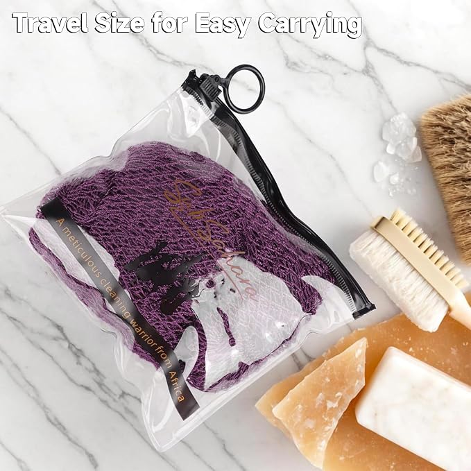 SubSahara Authentic African Net Sponge, 2 Pack 45-Inch Exfoliating Bath Sponge and Shower Loofah for Body and Back, Colorfast Quick-Dry Knotted Mesh Scrubber with Travel Pouch (Berry & Sage Green)