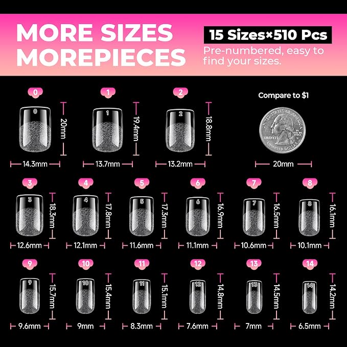 UNA GELLA Short Square Gel Nail Tips 510Pcs 15 Sizes Half Matte Full Cover | Pre-etched Short Square Press on Nails Fake Acrylic Clear Nails No C Curve Tips for Nail Extensions DIY Home Salon for Women
