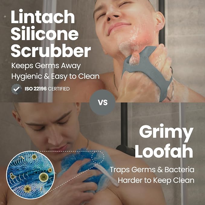 Silicone Shower Body Scrubber, Exfoliating Loofah Alternative - Gray | Silicone loofah alternative, zinc and silver infused, hygienic, gentle for sensitive skin, durable and long-lasting