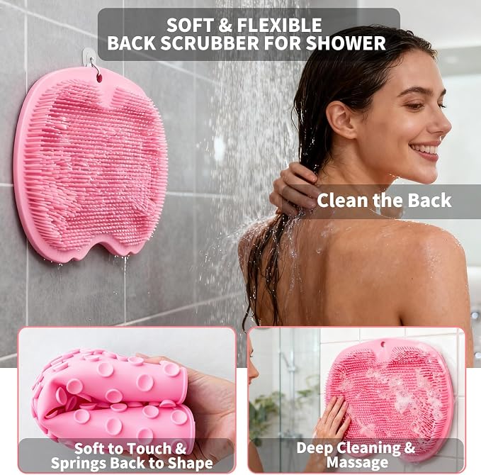 Shower Foot Scrubber Mat with 3 Types of Upgraded Brushes for Massage, Shower Back Scrubber with Micro Suction Cups,Back Washer Exfoliating Bath,Shower Scrubber for Body at Home Spa(Pink)