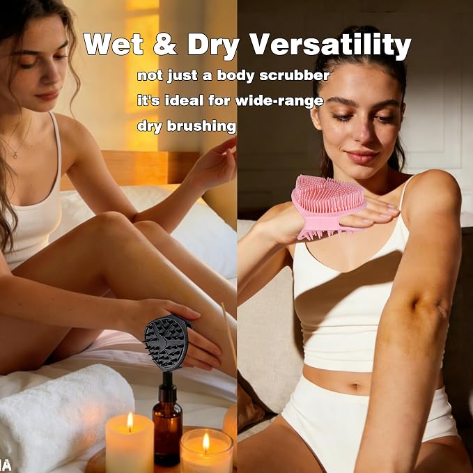 Silicone Body Scrubber for Men Women, Dual-Sided Bath Brushes Gentle Exfoliating Body Scrubber Scalp Massager for Deep Cleansing, Soft Silicone Loofah Body Washing Brushes (Black+Pink)