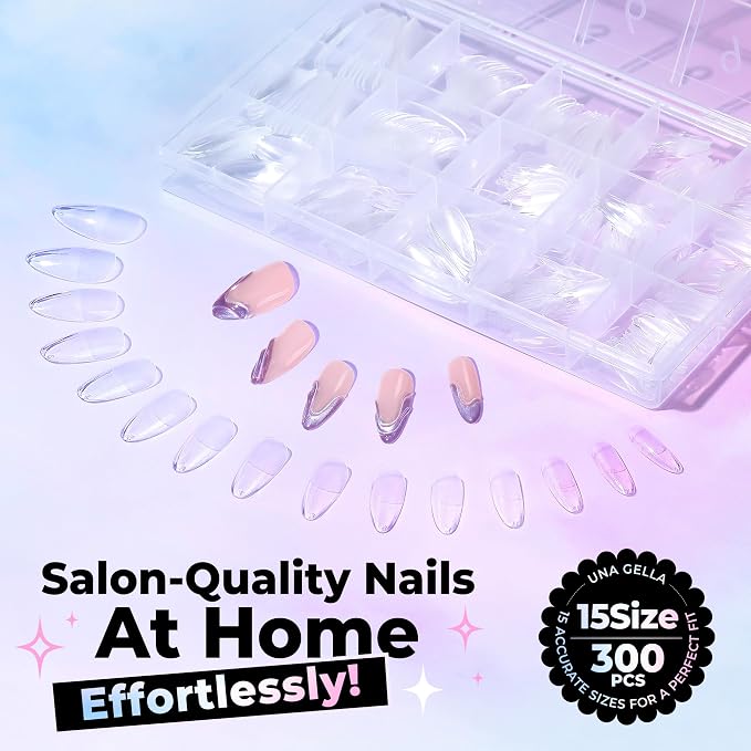 UNA GELLA Almond Nail Tips Medium 15 Sizes 300PCS Pre-Etched Full Cover | Gel Nail Tips Almond Shape Easy Salon Press On Nails Long-Lasting Hold Fake False Nails Snug Fit