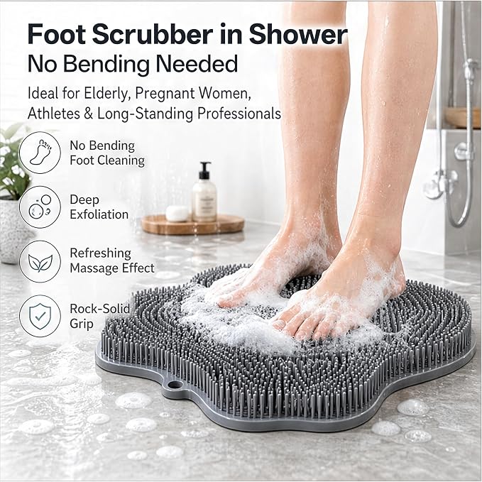 Silicone Shower Foot Scrubber Mat, Dual-Sided, 11.8 x 11 in, 1 Pack | Foot Scrubber in Shower for Deep Cleaning & Exfoliation. Wall-Mounted or floor use with suction cups for feet and back.