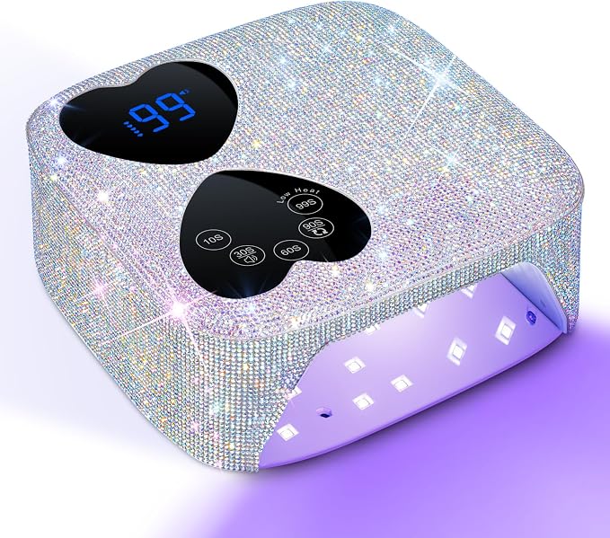 UV LED Nail Lamp Cordless, HUITINE 80W Rechargeable UV Light for Gel Nails | Professional Gel Light Dryer with 5 Timers & Mirror Base, Sparkling Rhinestones Diamond Curing Lamp for Salon & Home