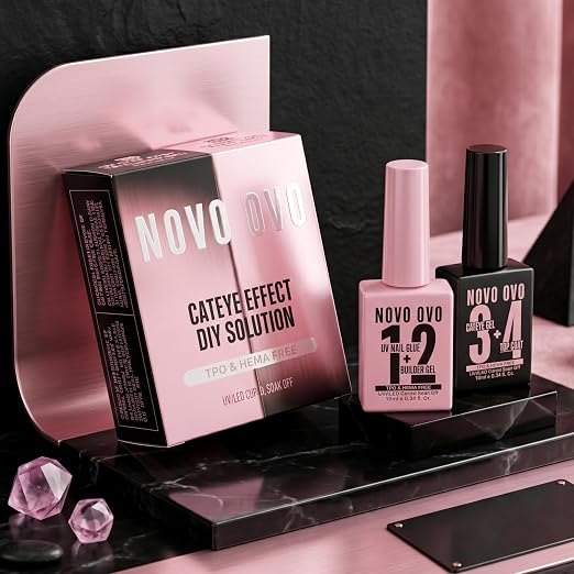 NOVO OVO UV Nail Glue (Also Work as Builder Gel) and Top Coat (with Cat Eye Effect) Kit, Hema TPO Free, Super Strong Adhesive for Press on Acrylic Nails, CatEye Gel Glitter Polish, Magnet Included