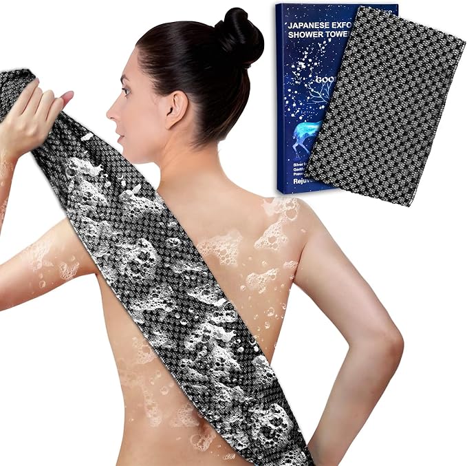 Exfoliating Washcloth Shower Towels Rich Silver Ion & Carbon Fiber | Premium Japanese Style Exfoliating Body Scrubber for Back Acne, KP & Smooth Skin, Longer Body Scrub Exfoliator with 2 Sides