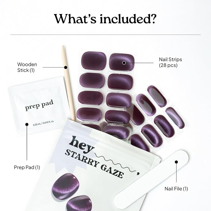Heyhae Semi Cured Gel Nail Strips Salon Quality - Hey, Starry Gaze | No UV Light Needed | Salon Quality, Easy Apply & Remove | 28 Strips, 1 Prep Pad, Nail File, Wooden Stick | Purple Cateye