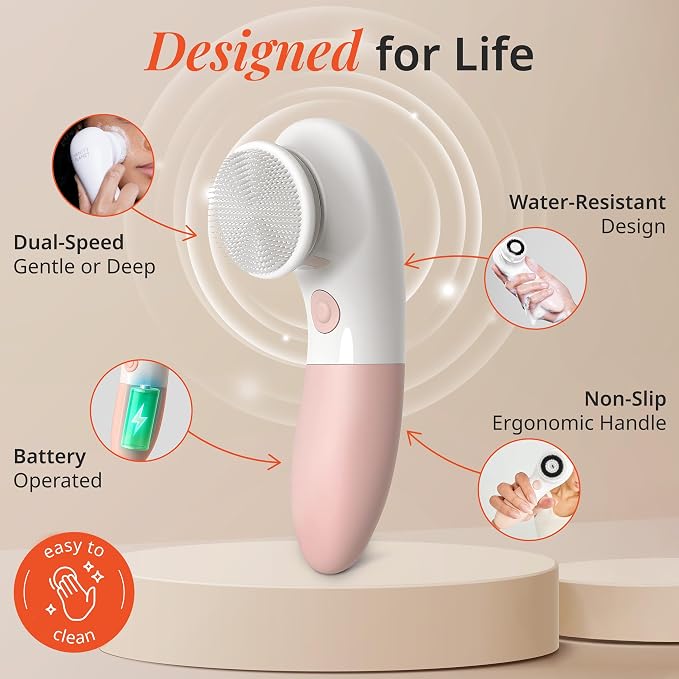 Vanity Planet Raedia Facial Cleansing Brush - Electric Facial Cleansing Brush with 4 Exfoliating Brush Heads - Waterproof, Handheld, Lightweight for Face Scrubber and Exfoliating Face - Dusty Pink | Facial Cleansing Brush with 4 Exfoliating Brush Heads...