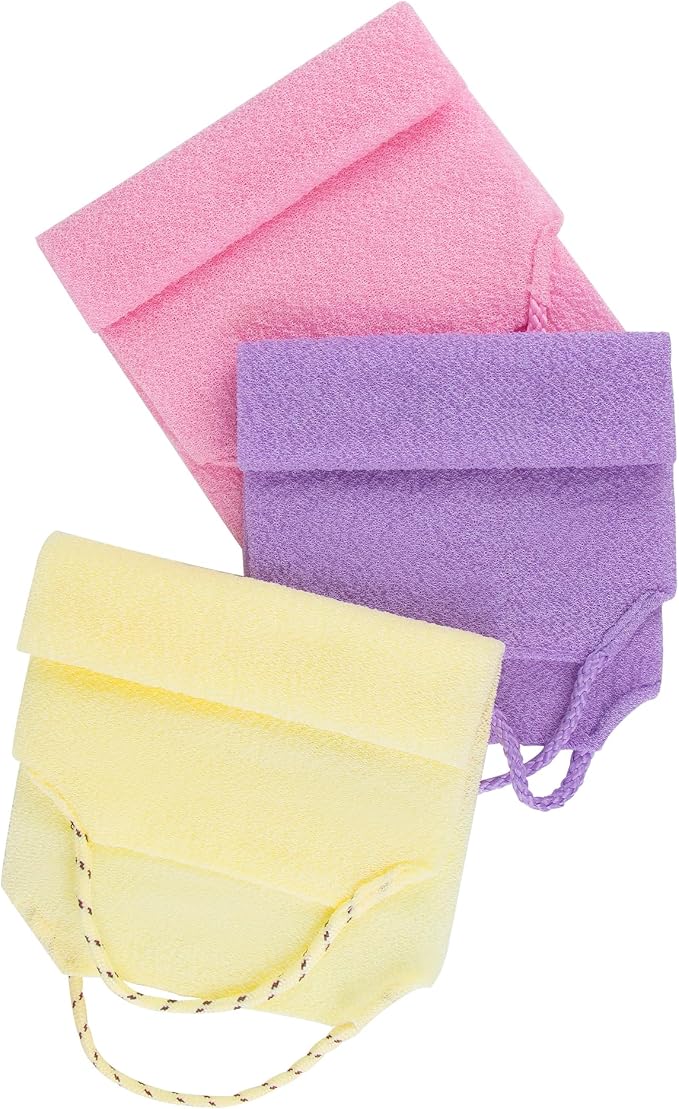 Silkyhose 3Pcs Dual-Sided Exfoliating Stretch Back Scrubber with Handles | Reusable Shower Essential. Deep Skin Cleansing. Textured Design. Soft, Gentle & Durable. 3 Colors: Beige, Pink, Purple.