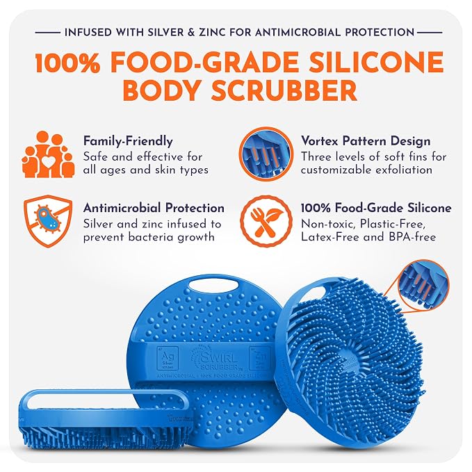 Antimicrobial Silicone Body Scrubber - Blue - Shower Hanger & Sticker, Lymphatic Support, Deep Exfoliation-Cleansing, Family Hygiene | Deep-cleansing exfoliating shower scrubber includes hanger and wall sticker for convenient family hygiene