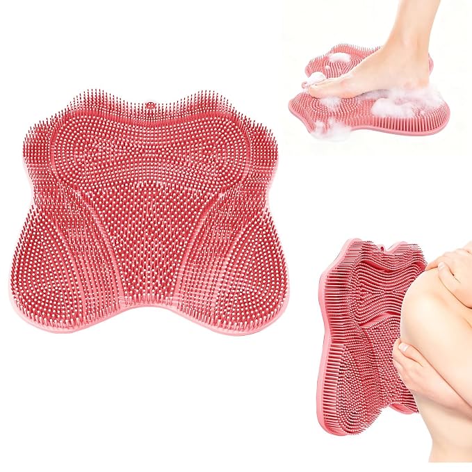 Foot Scrubber in Shower, Shower Foot Scrubber Mat,Silicone Body Scrubber,Back Scrubber with Suction Cups,Shower Body Deep Cleaning Foot Brush Exfoliating Massage Cleaner(Pink)