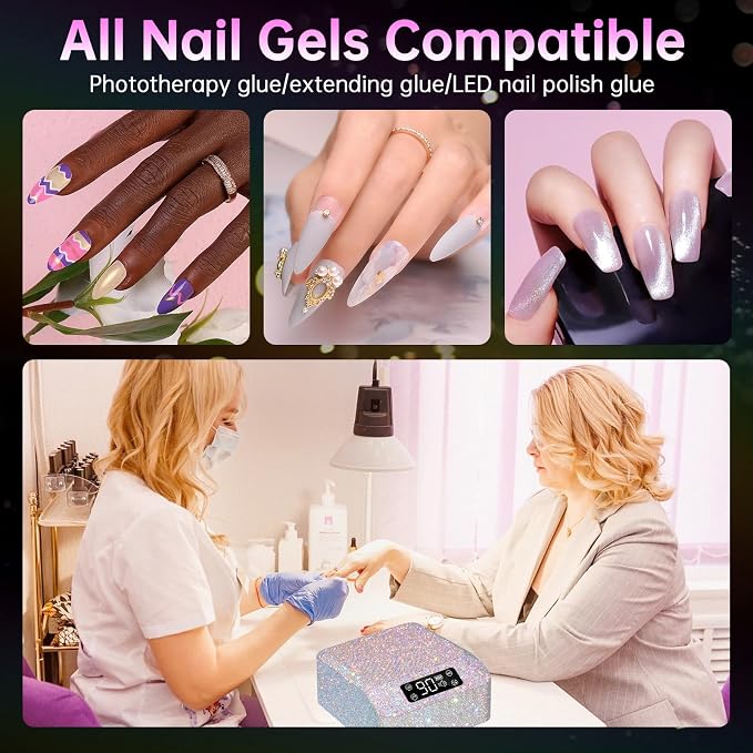 UV LED Nail Lamp, Plug-in Nail Dryer UV Light for Gel Nails Salon & Home | 39 Beads | 96W | Auto Sensor | Detachable Base | 4 Timers | Rhinestone | White Sparkly