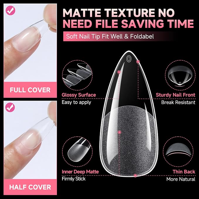 UNA GELLA Medium Stiletto Nail Tips Full Cover Soft Gel 120pcs 12 Sizes | Pre-etched Stiletto Almond Press on Nails Clear Acrylic Fake False Nails for Nail Extensions Home DIY Salon