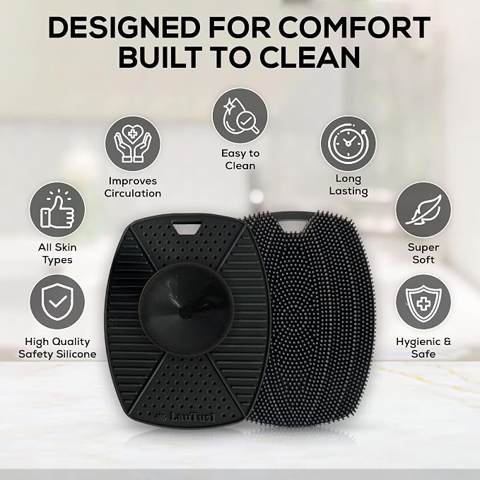 Silicone Body Scrubber — Suction Cup Mount & Hook, Gentle Exfoliating Shower Brush, Soft Loofah Alternative for Men, Women & All Skin Types — Graphite Black