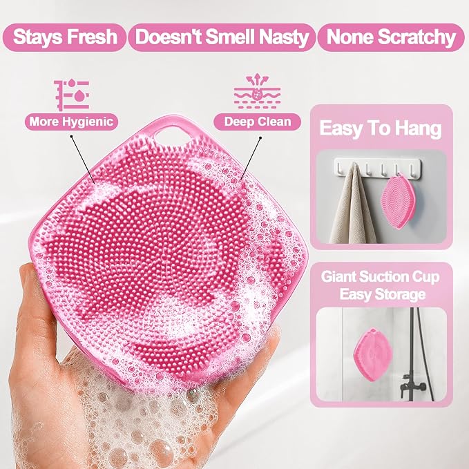 Silicone Body Scrubber, Bath Brush,Gentle Texture Exfoliating Body Scrubber for Men and Women On Sensitive Skin, Soft Scrubber Builds Up Lather, Getting a Deep Skin Clean (Pink)