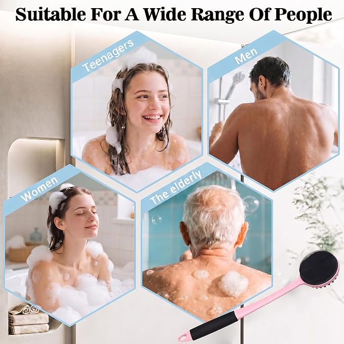 Back Silicone Rubber for Shower|17“ Curved Long Handle Body Brush|Dual-Sided Firm Exfoliating&Soft Bristles for for Men & Women|Silicone face Scrubber (Black face Brush and Pink Back Scrubber Set)