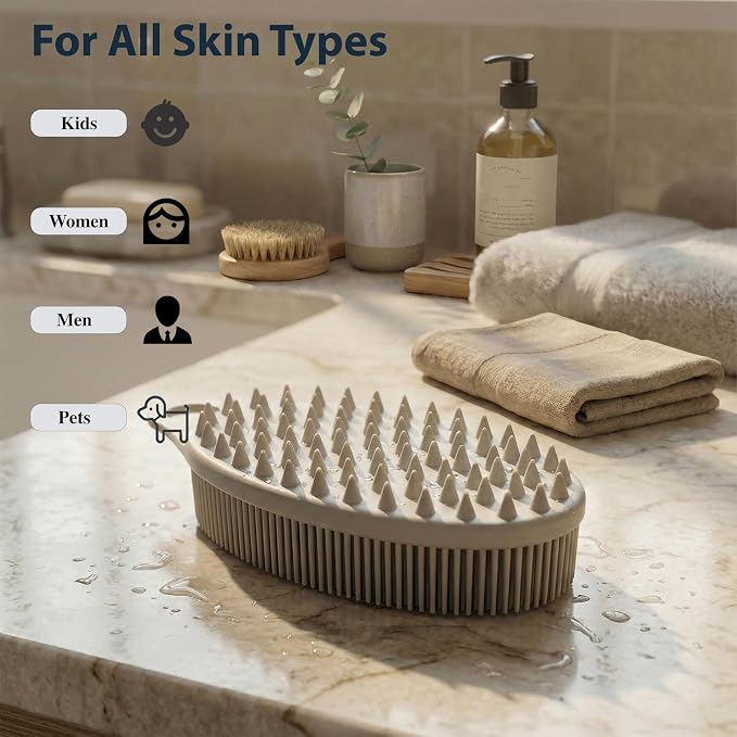 MtBoi 2 Pack Silicone Exfoliating Body Scrubber, Soft Silicone Loofah for Sensitive Skin, 2-in-1 Body Brush & Shower Head Massager, Easy to Clean, Rich Lather (Gray&Green)