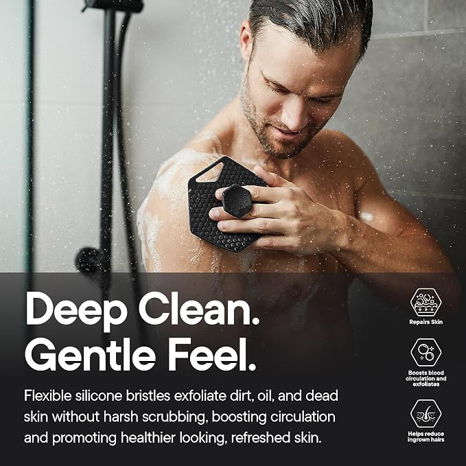 TOOLETRIES Silicone Body Scrubber 2.0, Shower Scrubber with Hook - Charcoal | Hygienic loofah alternative for gentle exfoliation. Quick drying and ideal for sensitive skin.