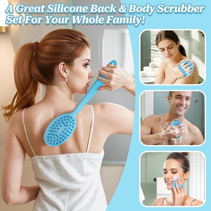 Silicone Back/Body/Face Scrubber & Soft Bath Glove Set 4PCS, Gentle Exfoliating Back & Body Scrubber with Dual-Side Brush Head, Hand-fit Bath Glove & Face Scrubber for Deep Cleaning(Blue-4PC)