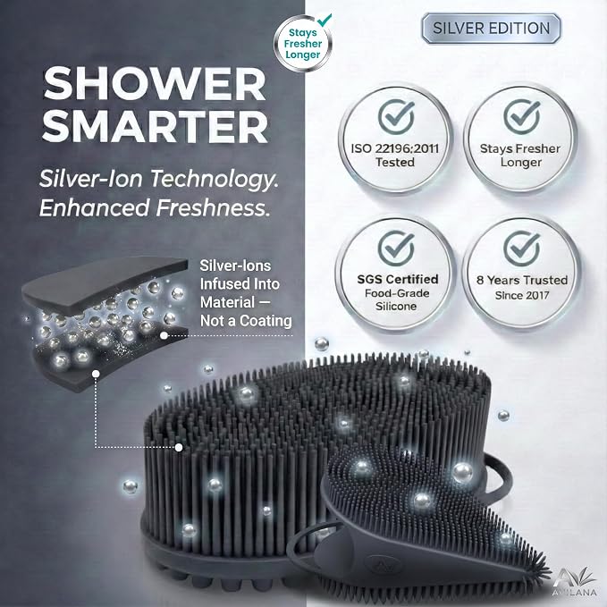 Avilana Silicone Body Scrubber for Shower – SGS Certified Food Grade Dual Sided Bath Brush, Gentle Exfoliating Silicone Loofah Alternative, Sensitive Skin Body Brush (Dark Gray-Silver, Body & Face)