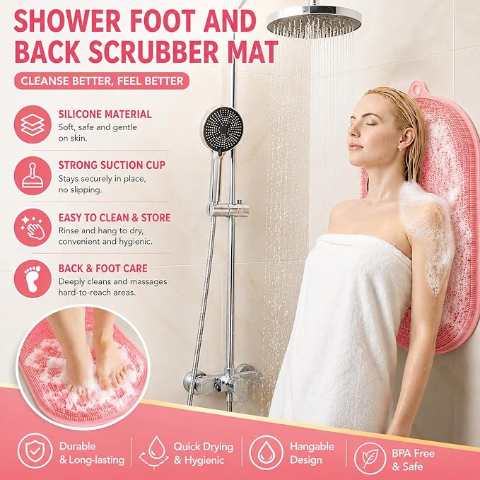 21.3" Silicone Foot & Back Scrubber Mat, Non-Slip Suction Cups Pink | Strong Suction Cups, Large, Silicone, Easy-Clean, Hangable,Perfect for pregnant women, seniors, anyone with limited mobility