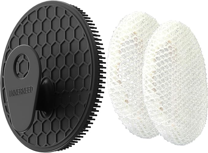 Hygienic Body Cleansing Scrubber with Exfoliating Net Sponge Case, Black | INNERNEED Soft Silicone Bristles Deep Clean & Massage Shower Scrub Brush with African Exfoliating Bath Mesh