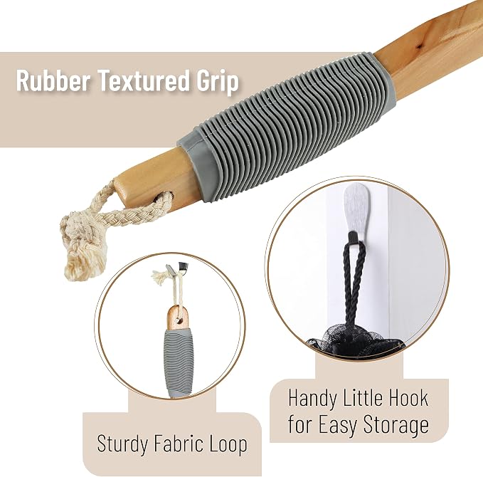Slick- Loofah with Handle, 17", Gray, Loofah Back Scrubber with Long Wooden Handle, Shower Supplies