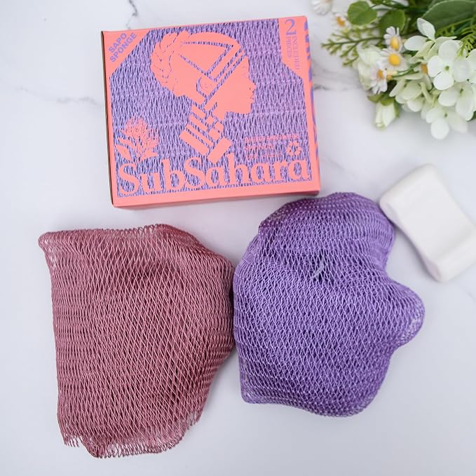SubSahara Authentic African Net Sponge,2 Pack 45-In Exfoliating Bath Sponge and Shower Loofah for Body and Back,Colorfast Quick-Dry Knotted Mesh Scrubber with Travel Pouch (Blush Pink&Lavender Purple)