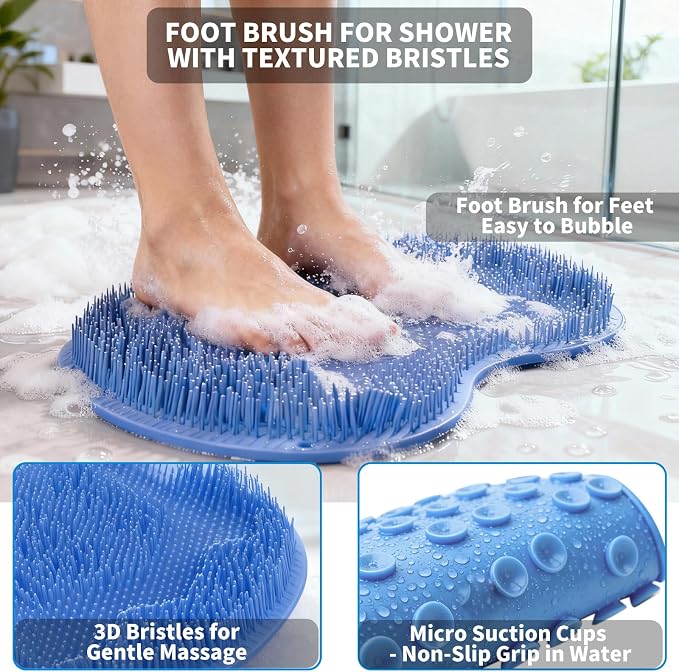 Shower Foot Scrubber Mat with 3 Types of Upgraded Brushes for Massage, Shower Back Scrubber with Micro Suction Cups,Back Washer,Shower Scrubber for Body at Home Spa (Sky Blue)