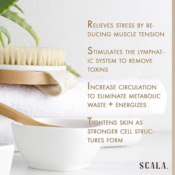 Scala Body Brush Natural Bristle, Dry Brushing Exfoliator for Dead Skin | Medium strength bristles, boosts circulation, lymphatic drainage, cellulite care
