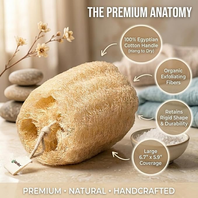 Waritex Organic Egyptian Loofah Sponges Exfoliating Scrubber Bath [3 Pack] | Natural Loofah Fiber for Gentle Skin Exfoliation, Deep Cleansing Full Body Spa Experience, Smooth Radiant Skin Care