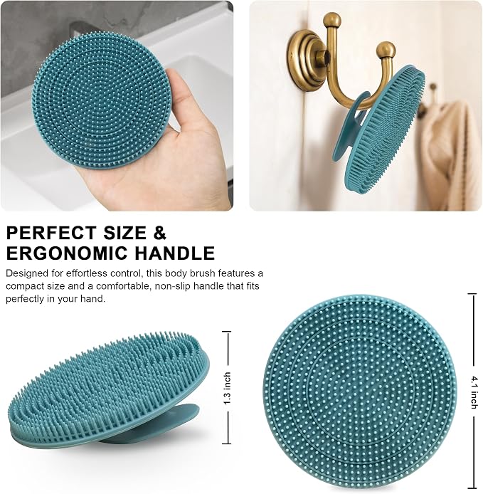African Net Exfoliating Sponge Case with Silicone Body Brush, Dark Green | 2in1 Quick-Dry Bath Mesh Washcloth Shower Scrubber, Massaging, Cleansing, Skin Smoother, INNERNEED