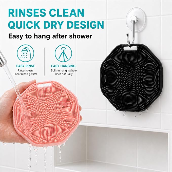2-Pack Silicone Body Scrubber Shower Brushes,Exfoliating Body Scrubber for All Skin Type, Eco Friendly Shower Scrubber for Body, Soft Silicone Loofah for Men & Women (Pink & Black)