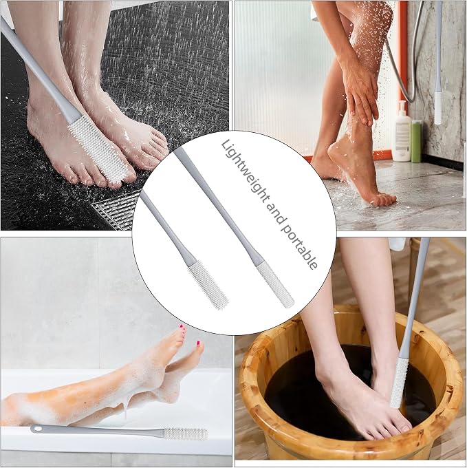 Long Handle Foot Scrubber, Grey Silicone Toe Gap Cleaning Brush with Plastic Handle, 15.7 Inch Length, 2 Pack, Soft Shower Exfoliating Bath Brush for Men and Women