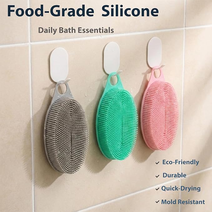 MtBoi 2 Pack Silicone Exfoliating Body Scrubber, Soft Silicone Loofah for Sensitive Skin, 2-in-1 Body Brush & Shower Head Massager, Easy to Clean, Rich Lather (Gray&Green)