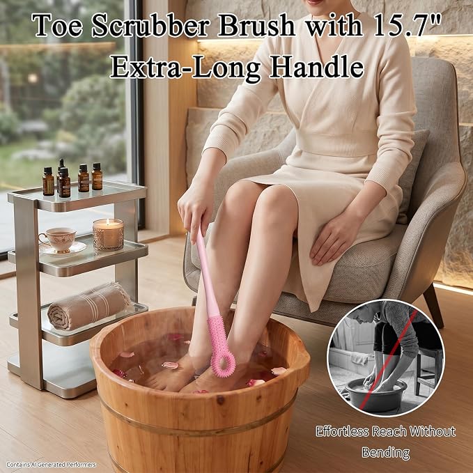 2 Pack Toe Cleaning Brush with 15.7" Long Handle, Silicone Foot Scrubber & Exfoliating Anti-Itch Brush for Bath & Feet, No-Bend Long Reach Feet Cleaner for Seniors & Daily Living (Pink)