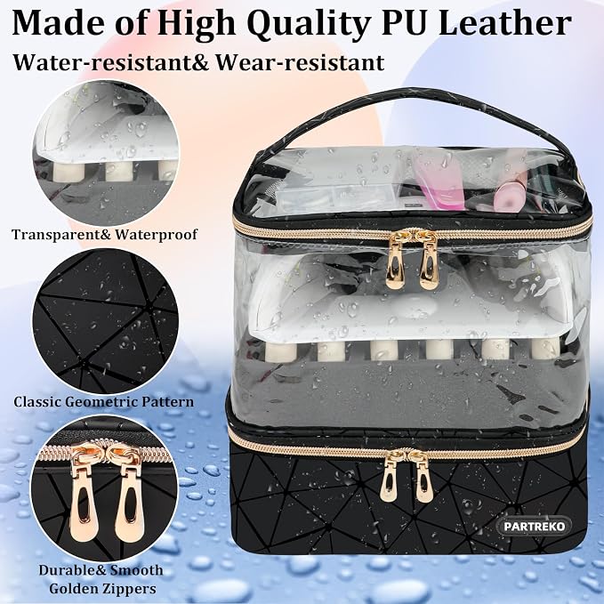 Clear Nail Polish Organizer Holds 60 Bottles (15ml/0.5fl.oz)& Nail Lamp, Double Layer Nail Supplies Organizer Case Transparent, PU Leather Nail kit Storage Bag for Manicure Tools (Black)